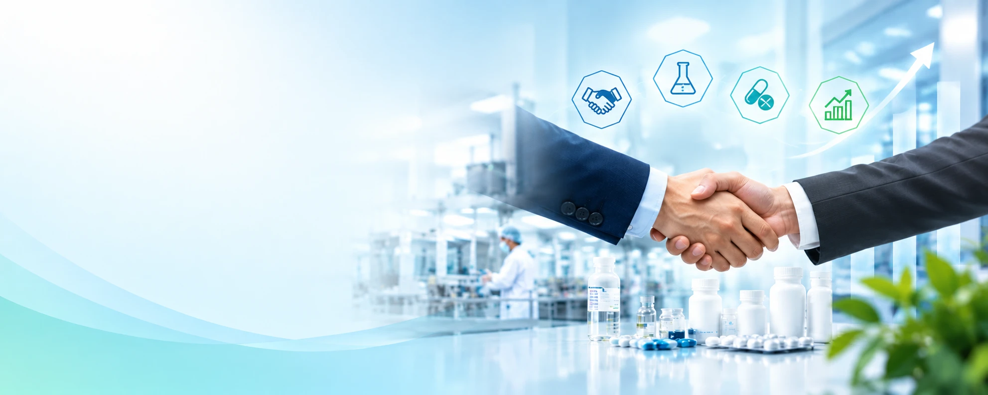 Business partnership handshake in a pharmaceutical facility